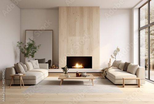 Living room with fireplace in white tones with Generative AI