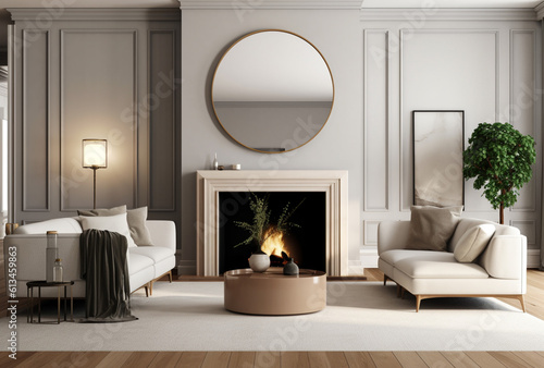 Living room with fireplace in white tones with Generative AI © toonsteb