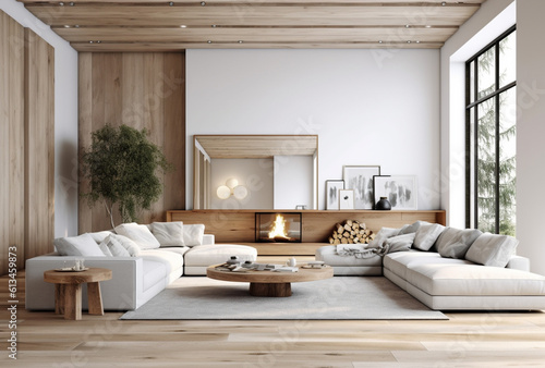 Living room with fireplace in white tones with Generative AI