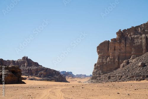 view in the Sahara desert of Tadrart rouge tassili najer in Djanet City   Algeria.colorful orange sand  rocky mountains