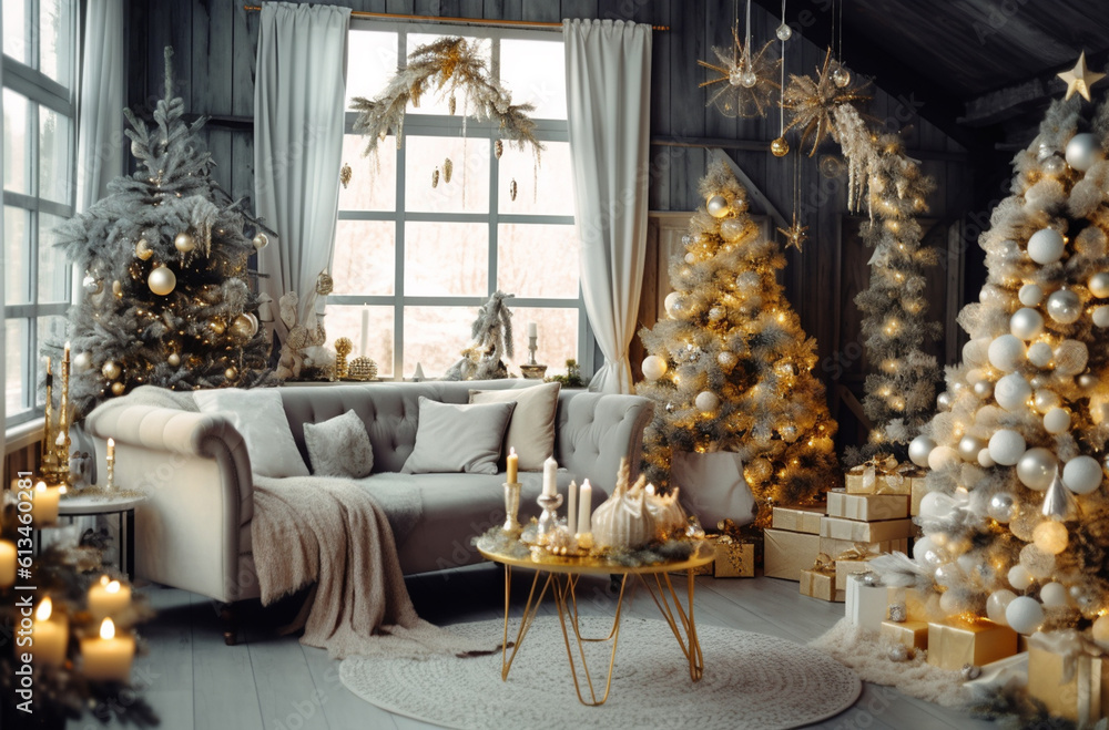 Living room decorated in Christmas style with Generative AI