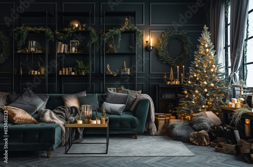 Living room decorated in Christmas style with Generative AI