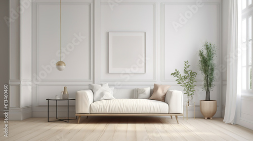 Minimalist scandinavian look living room with wall frames. Created with Generative AI technology © Elaine