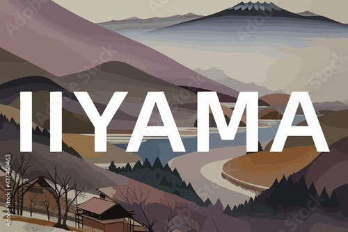 Beautiful watercolor painting of a Japanese scene with the name Iiyama in Nagano photo