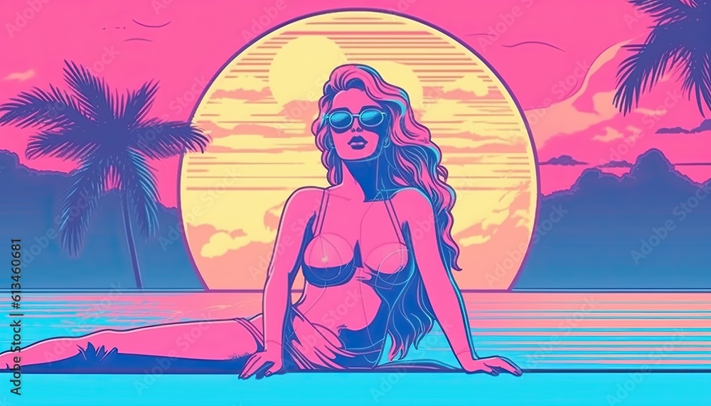 Retro style graphic of a young female sunbathing Y2K style. Neon colours.