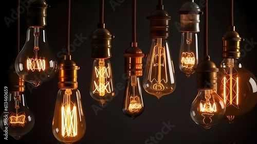 Decorative Antique Retro Edison Light Bulbs on Dark Background. Generative ai