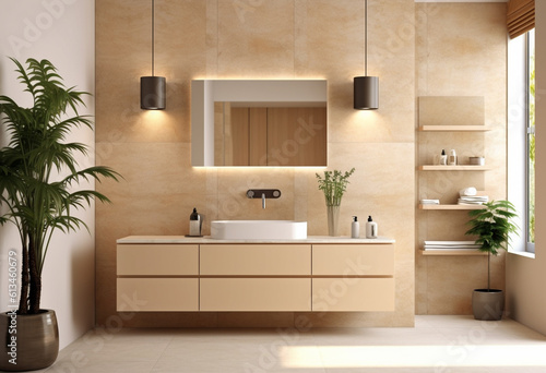 Washbasin and bathroom in white modern style with Generative AI