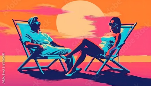 Retro style graphic of a young people sunbathing Y2K style. Neon colours. © Hugo
