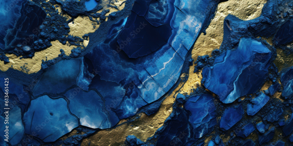 Marble stone with a gold vein and sapphire blue. Geode wallpaper background with a vivid graphite texture. Generative AI