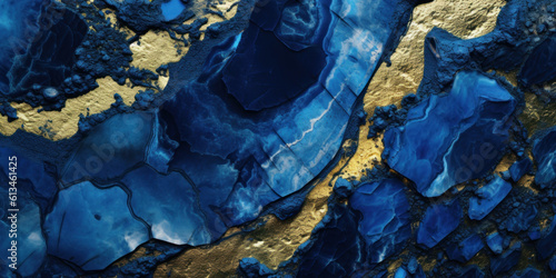 Marble stone with a gold vein and sapphire blue. Geode wallpaper background with a vivid graphite texture. Generative AI
