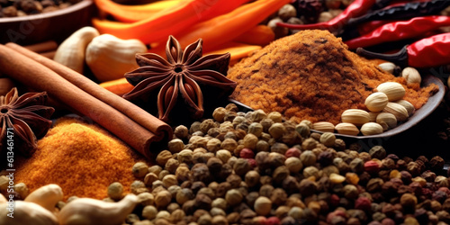 Sensory Temptations: Closeup of Spices and Foods Evoking Aromas. 