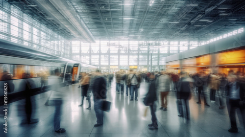 Busy airport terminal. Rushing people in train station depot. Abstract movement and transportation in motion blur. 