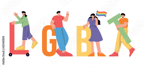 LGBT text with fun characters and pride month symbols like flag, freedom and rainbow. Flat vector minimalist illustration of free love and pride month