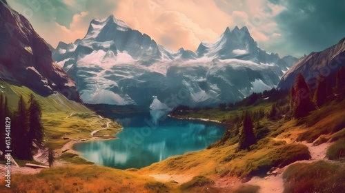 High Mountain landscape with a lake. summer camp background with mountain, Generative AI.