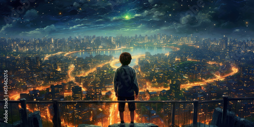 Celestial Dreams: Illustration of a Boy and Starry Sky. 