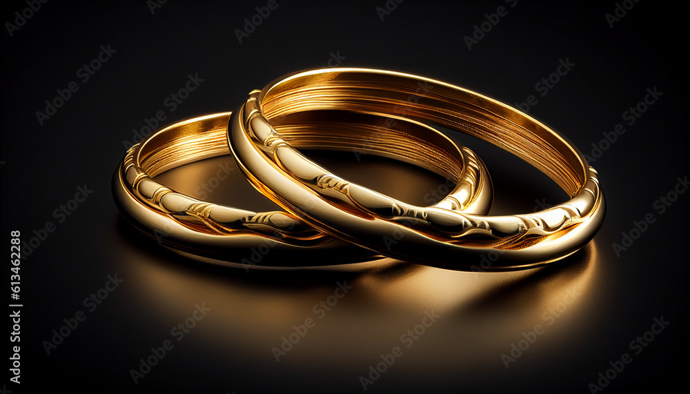 Golden bracelets above a dark backdrop, Generative AI Golden bracelets above a dark backdrop, Generative AI