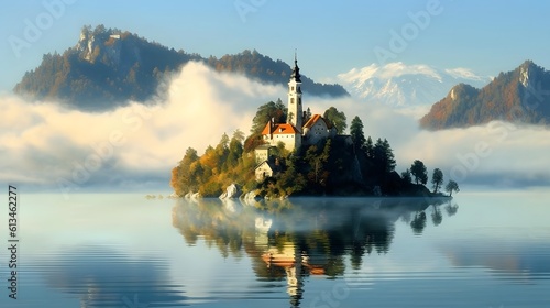 lake with lush woodlands and an ancient castle perched on an adjacent island. Generative AI