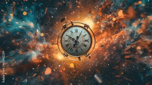 Time Unbound: Clock in Space Signifying the Timeless Nature of the Universe. 