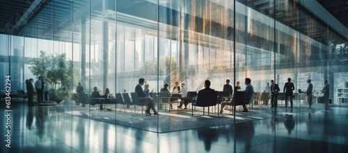 Corporate Collaboration: Blurred Business People in Glass Office. 