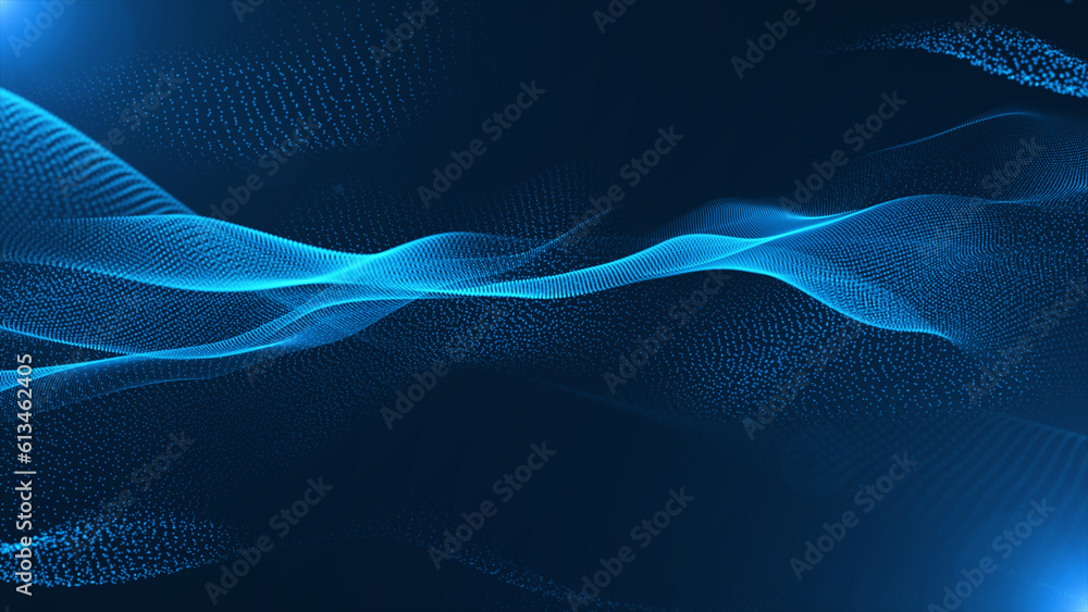 Futuristic point wave. Cyber big data flow. Blockchain data fields. Network line connect stream. Big data technology. Concept of AI technology, digital communication. 3d rendering Futuristic point wave. Cyber big data flow. Blockchain data fields. Network line connect stream. Big data technology. Concept of AI technology, digital communication. 3d rendering