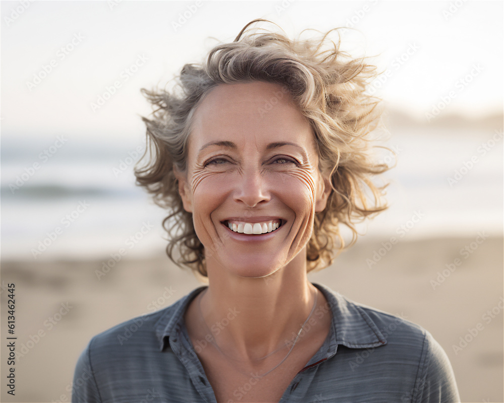 Happy Middle-aged Woman smiling. Beach Background. Ai generated. Happy Middle-aged Woman smiling. Beach Background. Ai generated.