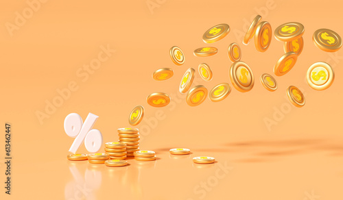  Stack of coins with floating coins and percentage sign on pink background, business investment profit, money saving concept. 3D illustration.