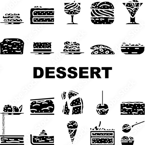 dessert cake food sweet icons set vector. bakery pastry, cream gourmet, strawberry delicious, cafe plate, biscuit fruit, pie dessert cake food sweet glyph pictogram Illustrations