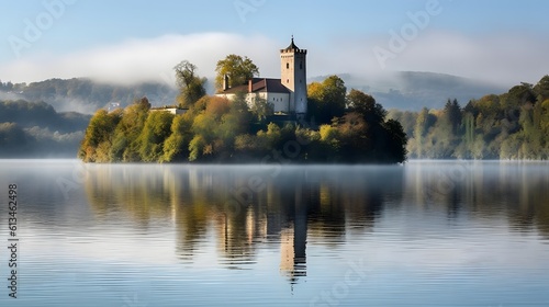 lake with lush woodlands and an ancient castle perched on an adjacent island. Generative AI