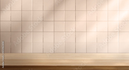 Realistic tiled kitchen or bathroom wall with wooden shelf and shadows. Vector illustration of natural oak table top for cooking, beauty product presentation platform, trendy beige interior element