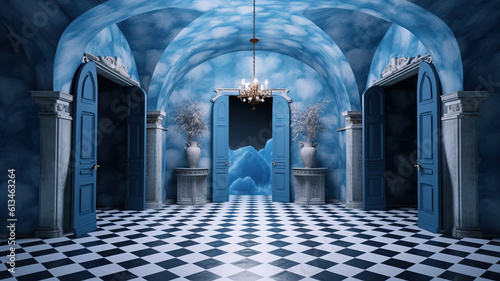 Photo Interior room with blue and white clouds, archways and checkerboard floor, gener