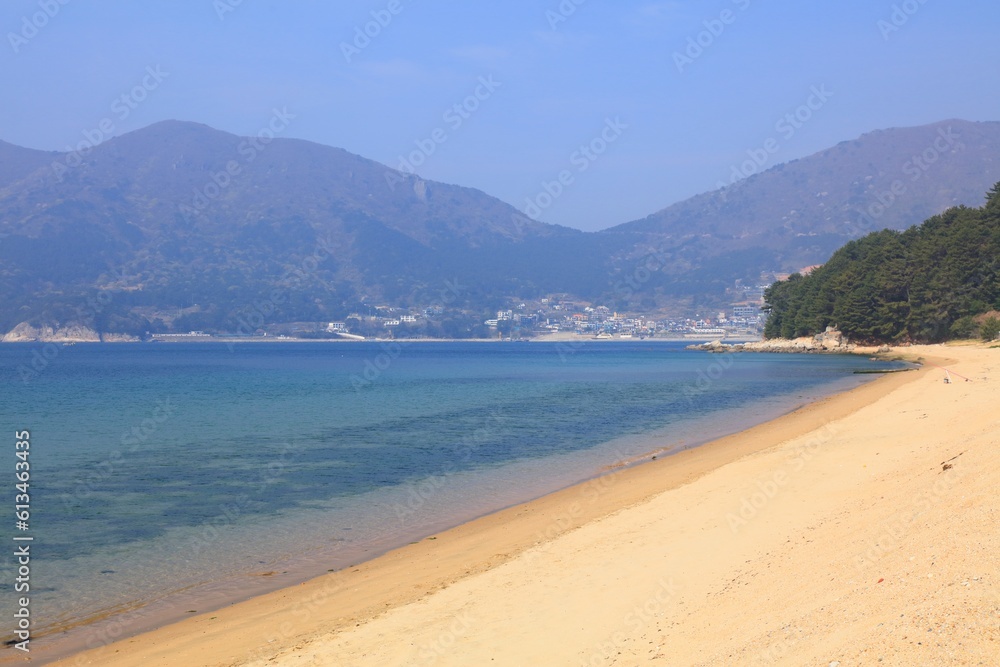 Geoje island in South Korea. Gujora Beach sandy vacation destination. Geoje island in South Korea. Gujora Beach sandy vacation destination.