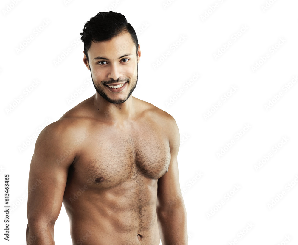Fototapeta premium Fitness muscle, portrait and smile of man isolated on transparent png background. Face, bodybuilder or athlete with strong abs after exercise, train or workout for health, wellness or sport in Brazil