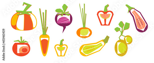 Vegetables. Set of fresh vegetables. Vector illustration in paper cut style. Minimalism. Logo, emblem, icon.