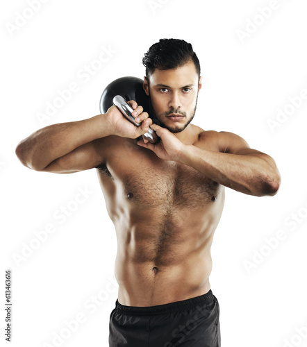 Portrait, training and kettlebell with a shirtless man isolated on a transparent background for health or fitness. Exercise, body and weight lifting with a male bodybuilder on PNG for strong muscles