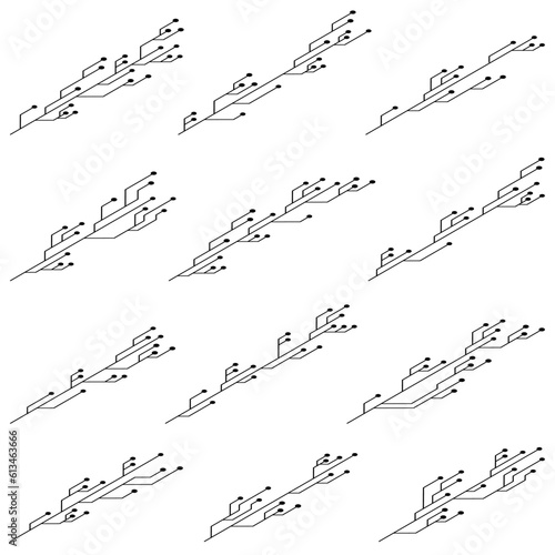 Set of isometric printed circuit board PCB tracks silhouettes isolated on white background. Isometric Technical clipart with lines and dots. Design element.