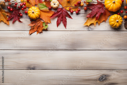  Banner. Autumn leaves and pumpkins on wooden background. Top view with copy space.