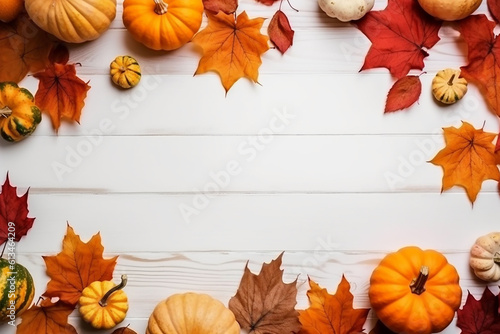 Frame  top view of autumn leaves and pumpkins on white wooden background with copy space. 
