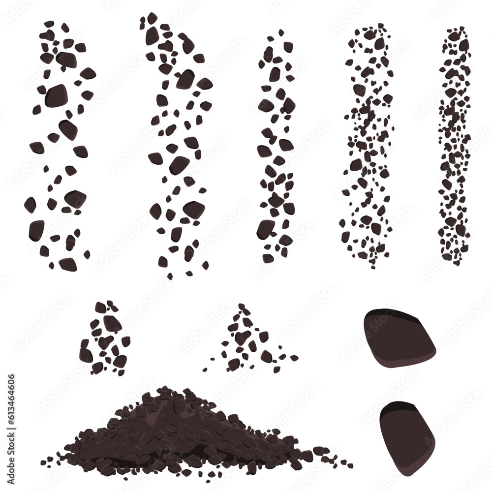 Set of falling brown stones or soil with big pile isolated on white. Rockfall elements. Clipart.