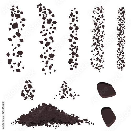 Set of falling brown stones or soil with big pile isolated on white. Rockfall elements. Clipart.