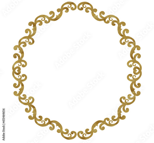 Hand-drawn watercolor round frame with golden texture. Floral design. Can be used for textile, printing or other design. Two options - on white and transparent background.