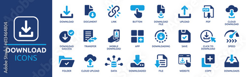 Download icon set. Containing upload, document, link, download file, folder, data and PDF icons. Solid icon collection. Vector illustration. photo