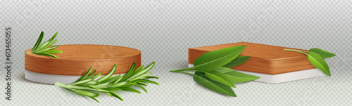 Realistic set of wooden podiums with rosemary and laurel leaves isolated on transparent background. Vector illustration of 3D platform for presentation of cosmetic product, cooking recipe ingredients