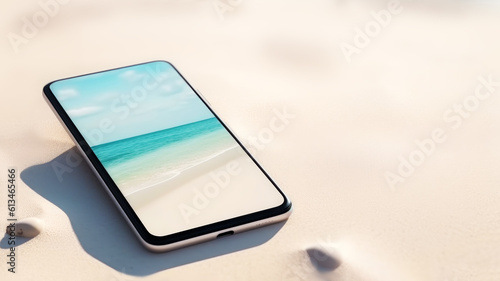 Mobile phone mockup on sand. Mobile phone with seashore wallpaper for traveling advertising, business, social media and blog. Summer holiday concept. Template. Generative ai