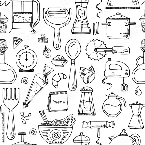 Seamless vector pattern with kitchen theme.  Kitchen utensils for cooking.