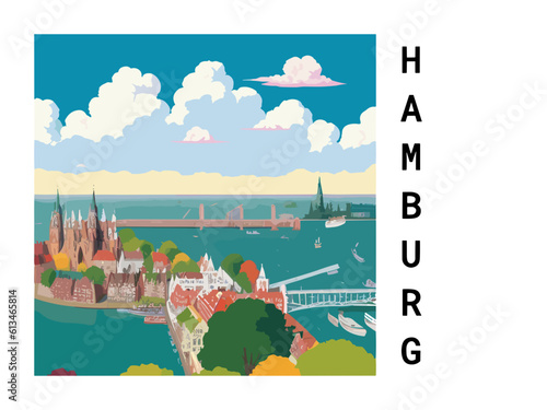 Hamburg: Vintage artistic travel poster with a German scenic panorama and the title Hamburg