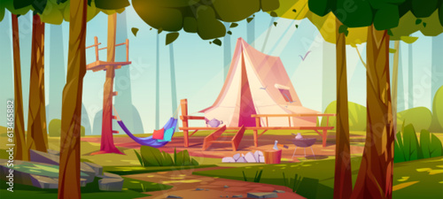 Camp with tent in summer forest. Glamping with bbq grill, hammock and tent on wooden terrace. Woods landscape with picnic site, trees and grass, vector cartoon illustration