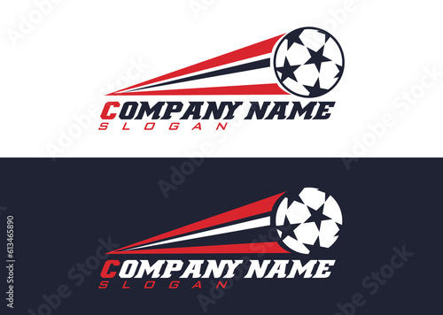 Vector illustration for a logo of soccer football club, football field and flying into the goal the ball on white and blue background