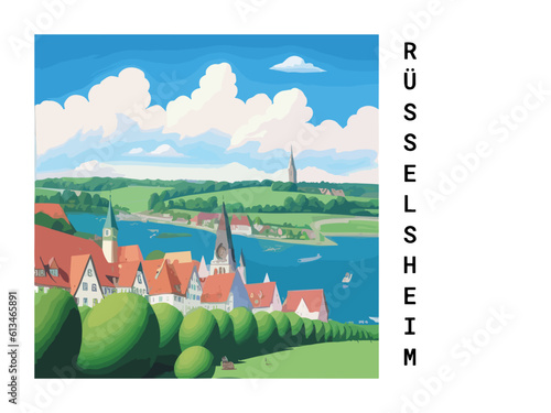 Rüsselsheim: Vintage artistic travel poster with a German scenic panorama and the title Rüsselsheim photo