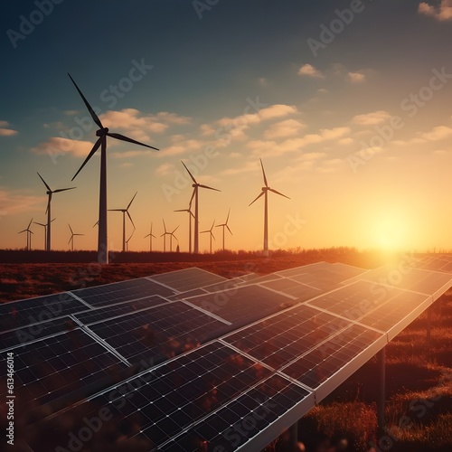 Modern Wind turbines and solar panels sunset light. Concept eco green renewable energy. Generation AI