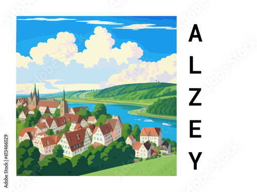 Alzey: Vintage artistic travel poster with a German scenic panorama and the title Alzey photo